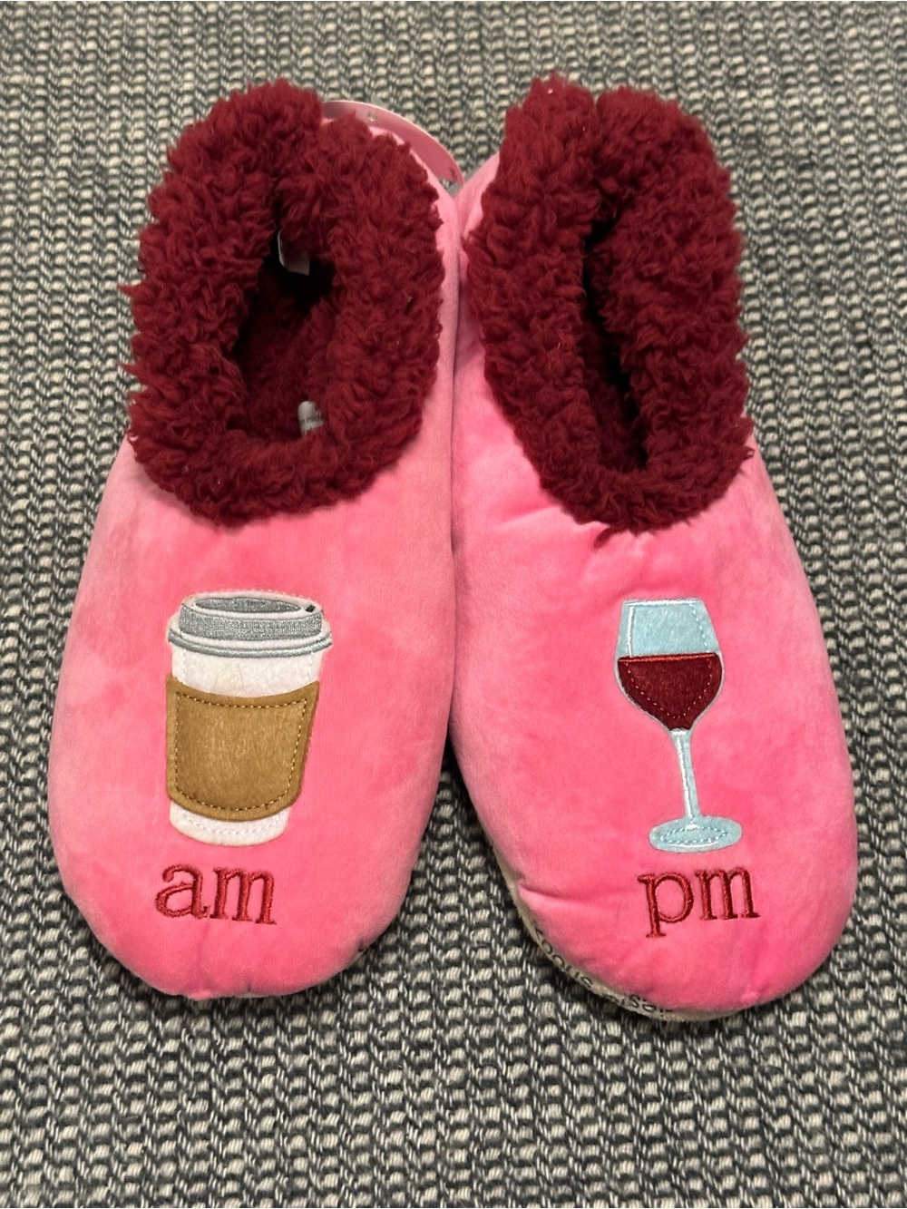 🆕 Snoozies! AM/PM Plush Slippers with Coffee & Wine Embroidery